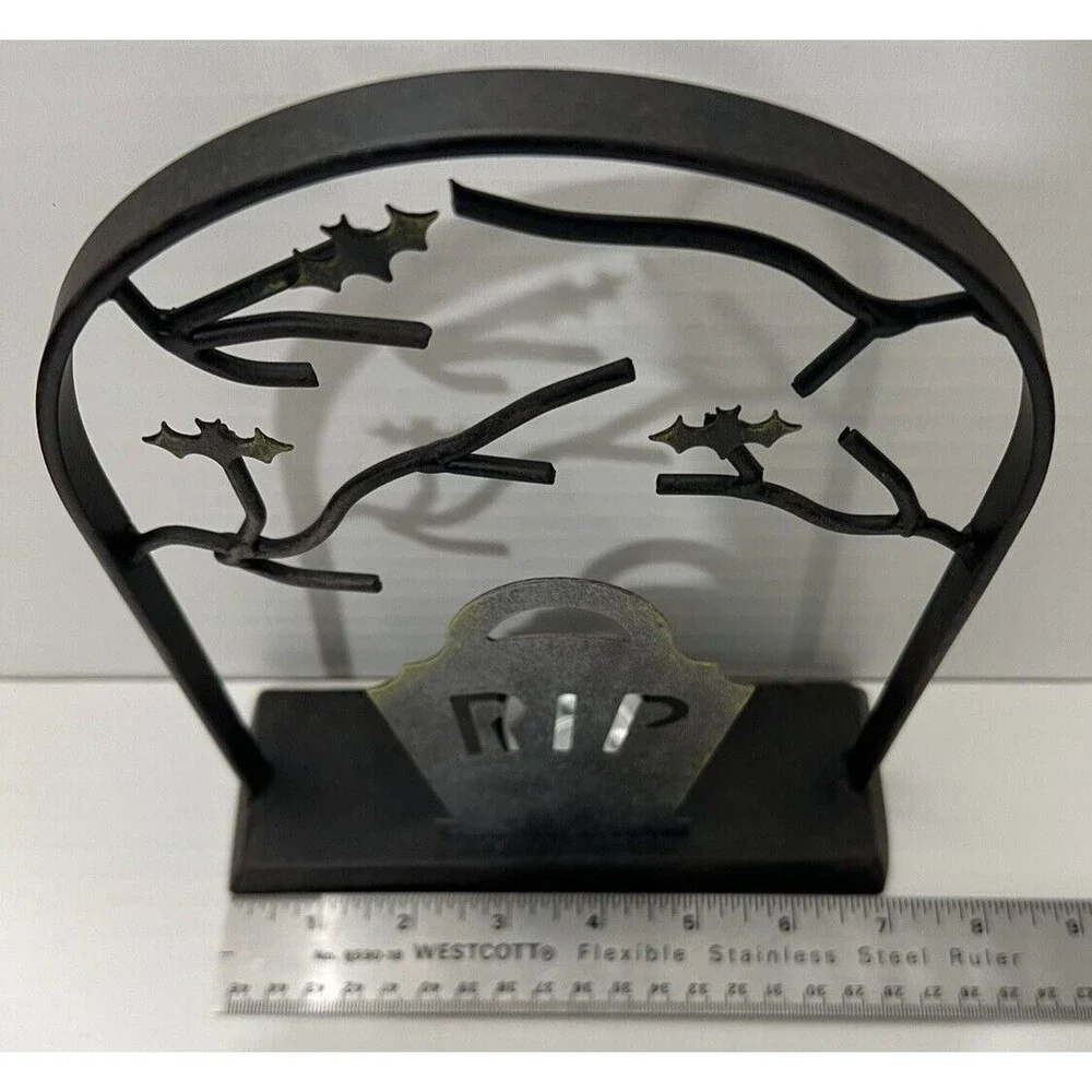Metal Halloween RIP Tealight Candle Holder Black Tombstone Bats Graveyard Spooky